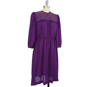 Vintage 70's Smocked Dress Size S Purple 3/4 Sleeve Semi Sheer LF Petite 70s